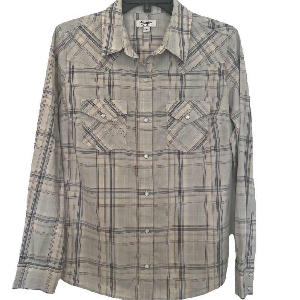 Wrangler Retro Western Women’s Small Shirt Beige Stripe Neutral Pearl Snaps EUC